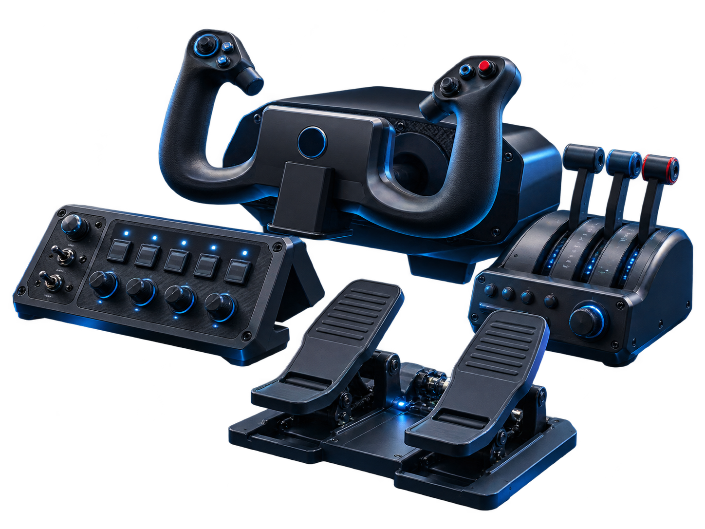 Flight simulator controls, throttle, avionics and rudder pedals